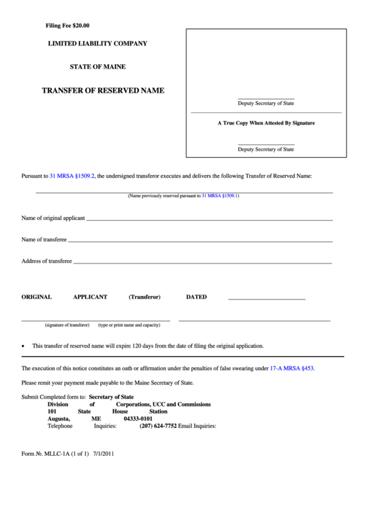 Fillable Form Mllc-1a - Limited Liability Company Transfer Of Reserved Name Printable pdf