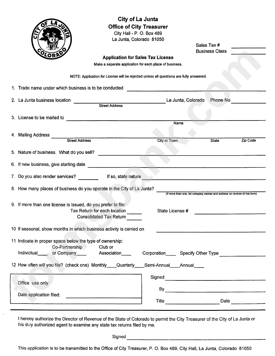 Application For Sales Tax License