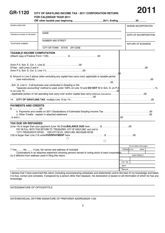 Form Gr-1120 - Corporation Return - City Of Grayling Income Tax - 2011 Printable pdf