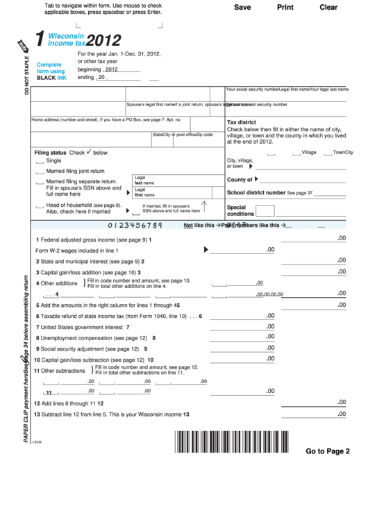 Fillable Form 1 Wisconsin Tax 2012 printable pdf download