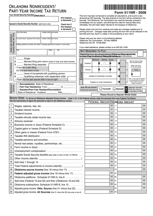 Fillable Form 511nr - Oklhoma Nonresident / Part-Year Income Tax Return - 2008 Printable pdf