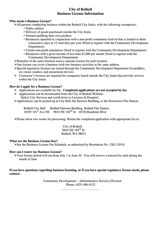 Business License Application - City Of Bothell - 2011 Printable pdf