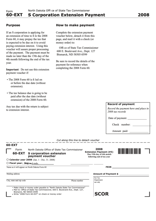Fillable Form 60-Ext - S Corporation Extension Payment - 2008 Printable pdf