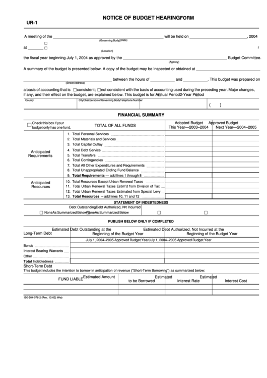 Fillable Form Ur-1 - Notice Of Budget Hearing - 2003 Printable pdf