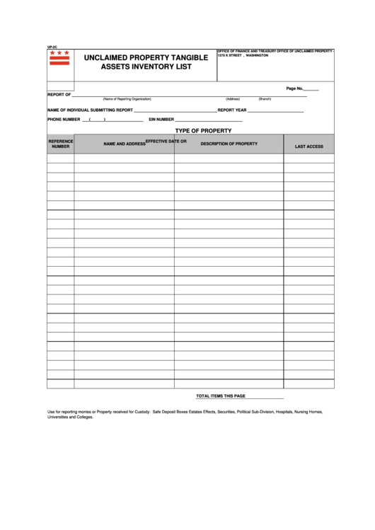 Form Up-2c - Unclaimed Property Tangible Assets Inventory List