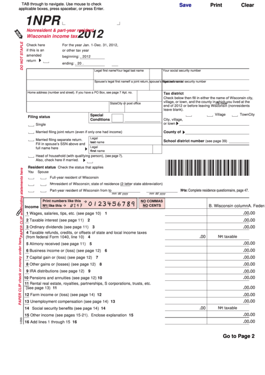 Fillable Form 1npr - Nonresident & Part-Year Resident Wisconsin Income Tax - 2012 Printable pdf