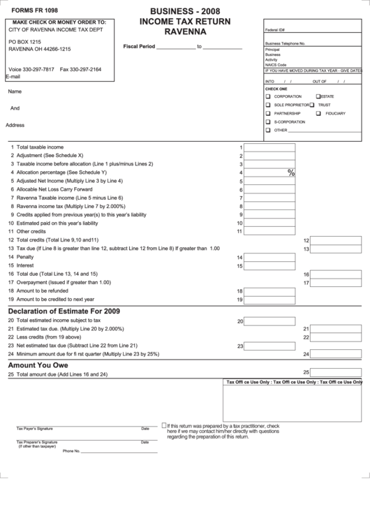 Form Fr 1098 - Business Income Tax Return Ravenna - 2008 Printable pdf