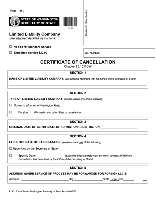 Fillable Limited Liability Company Certificate Of Cancellation - Washington Secretary Of State Printable pdf