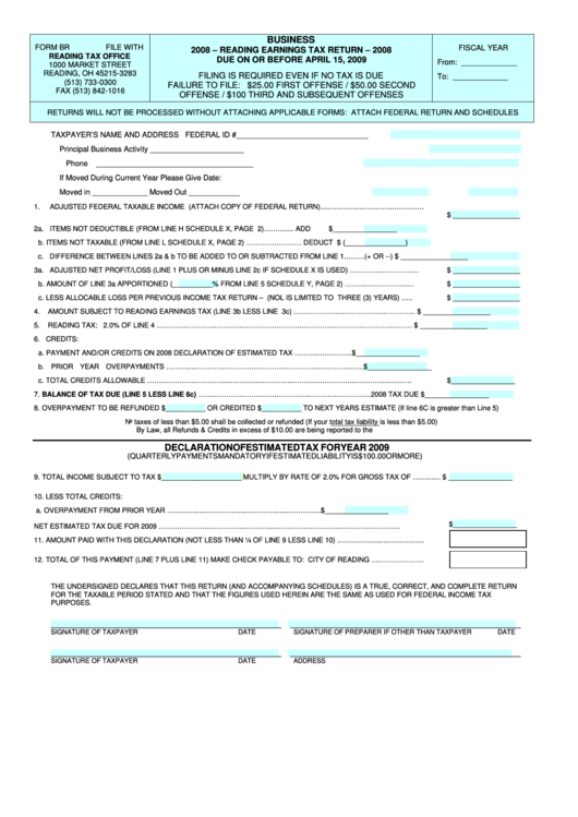 Form Br - Business Reading Earnings Tax Return - 2008 Printable pdf