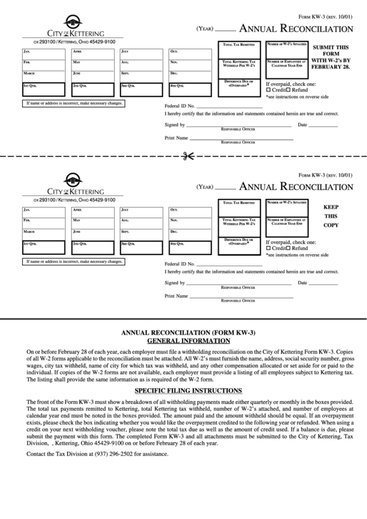 Form Kw-3 - Annual Reconciliation Printable pdf