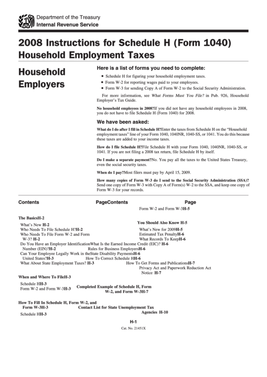 Instructions For Schedule H (Form 1040) Household Employment Taxes - 2008 Printable pdf