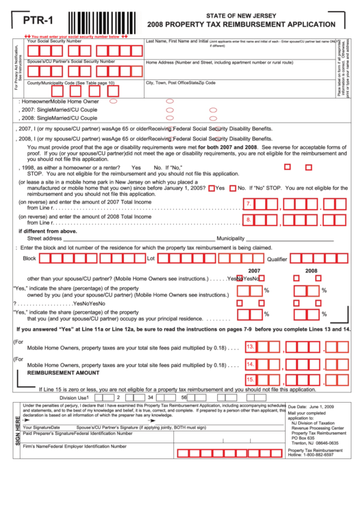 Fillable Form Ptr-1 - Property Tax Reimbursement Application - 2008 Printable pdf