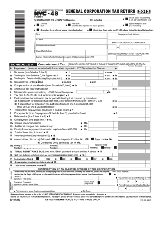 Fillable Form Nyc-4s - General Corporation Tax Return - 2012 Printable pdf