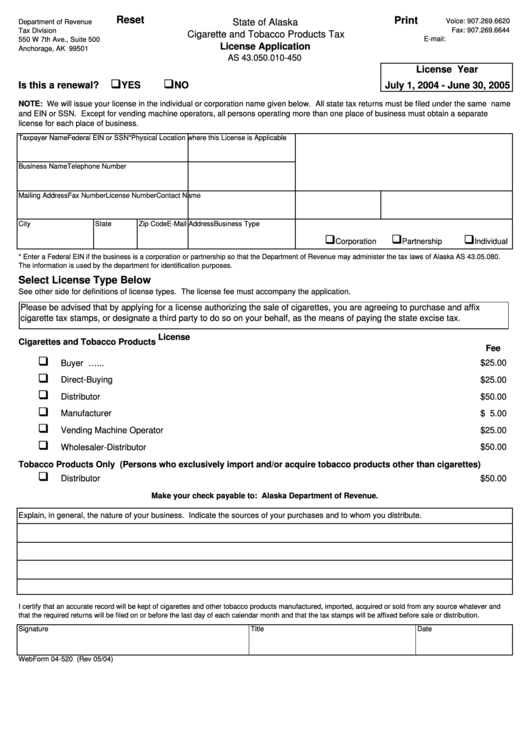 Fillable Webform 04-520 - Cigarette And Tobacco Products Tax License Application - 2004 Printable pdf