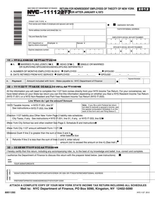 Fillable Form Nyc-1127 - Return For Nonresident Employees Of The City Of New York Hired On Or After January 4, 1973 - 2012 Printable pdf