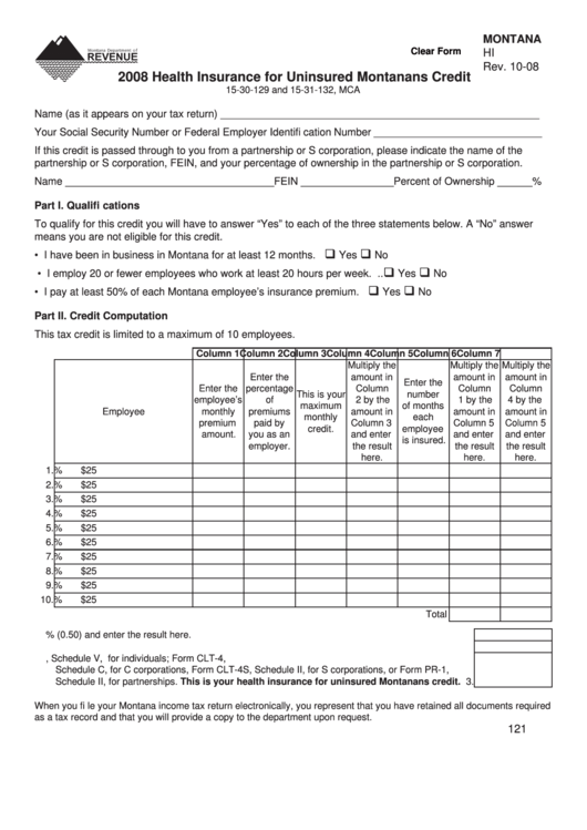 Fillable Montana Form Hi - 2008 Health Insurance For Uninsured Montana Credit Printable pdf