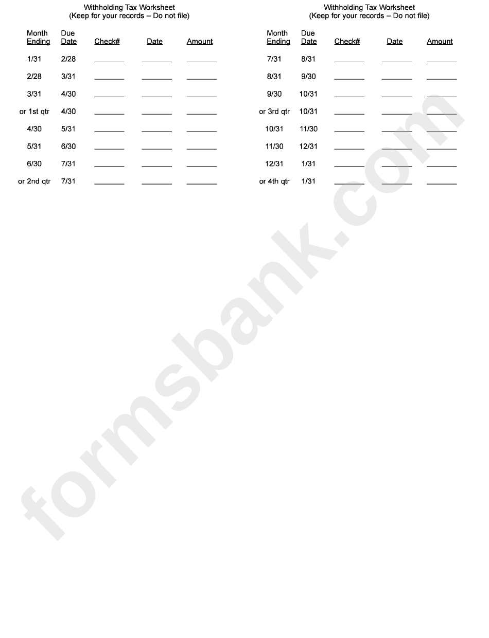 Withholding Tax Worksheet - Village Of Whitehouse