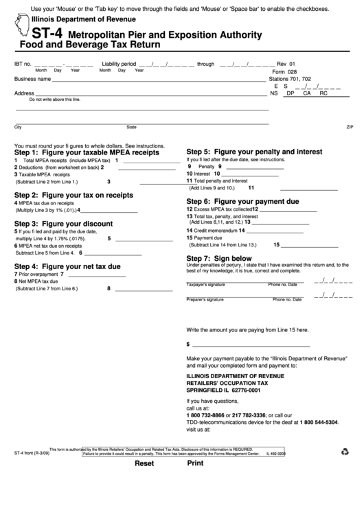 Fillable Form St-4 - Metropolitan Pier And Exposition Authority Food And Beverage Tax Return Printable pdf
