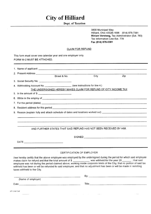 Claim For Refund City Of Hilliard Department Of Taxation printable