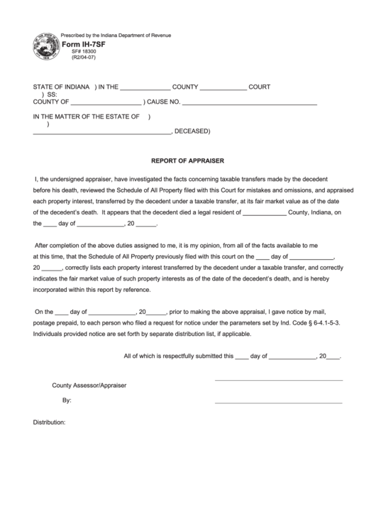 Fillable Form Ih-7s - Report Of Appraiser Printable pdf