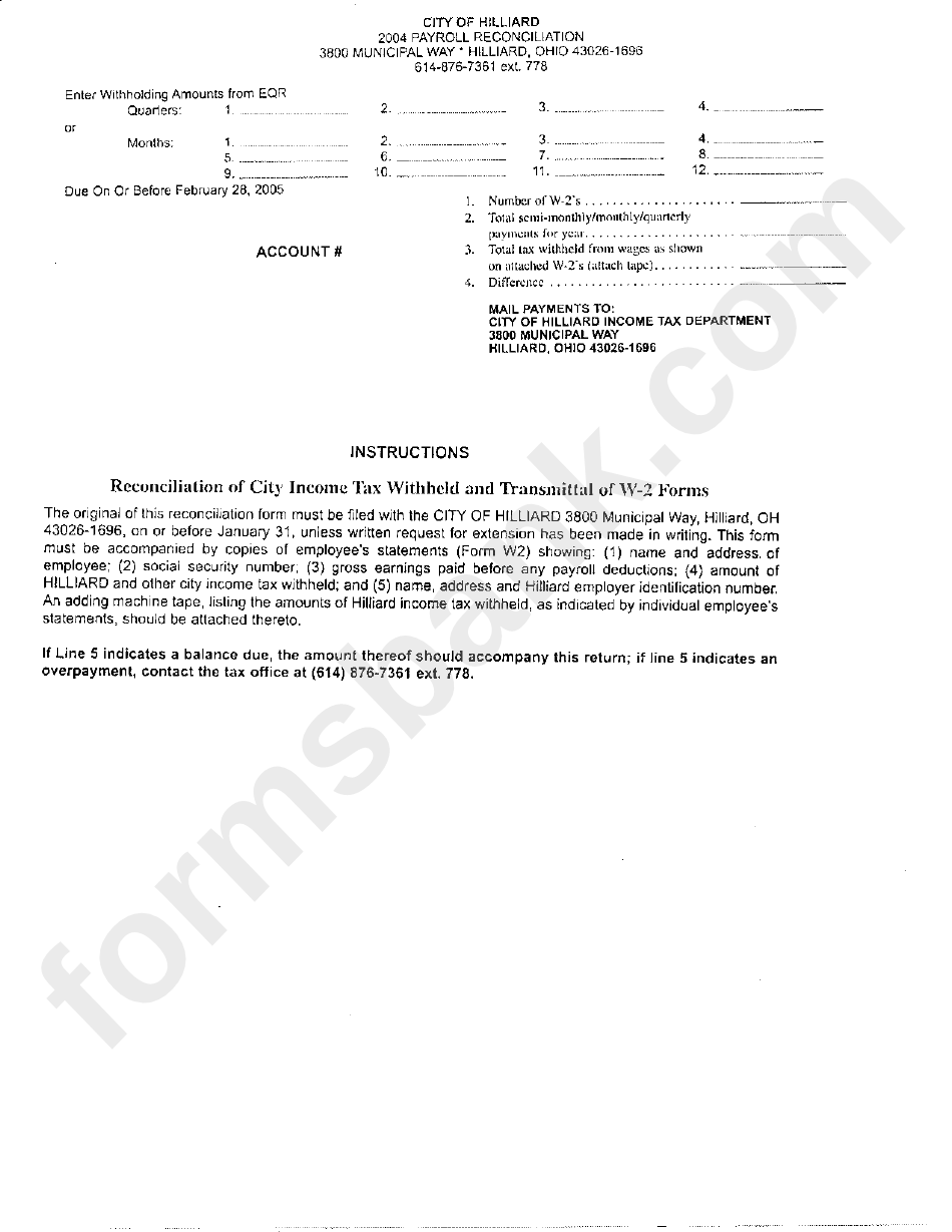 City Of Hilliard 2004 Payroll Reconciliation