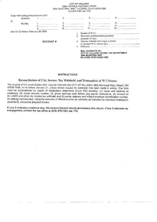 City Of Hilliard 2004 Payroll Reconciliation Printable pdf