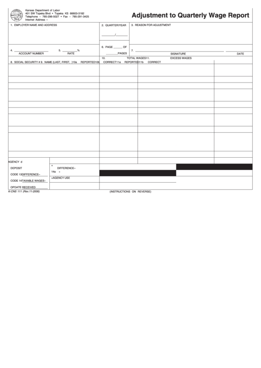 Fillable Form K-Cns 111 - Adjustment To Quarterly Wage Report(2008) Printable pdf