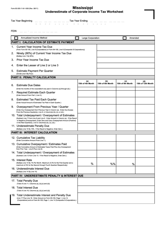 Form 83-305-11-8-1-000 - Mississippi Understimate Of Corporate Income Tax Worksheet Printable pdf