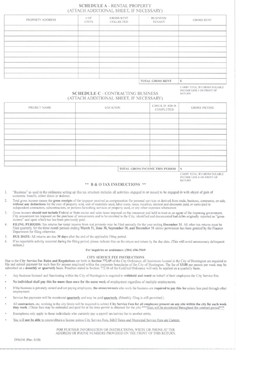 Form Dfa 316 - Schedule A - Rental Property - City Of Huntington Printable pdf