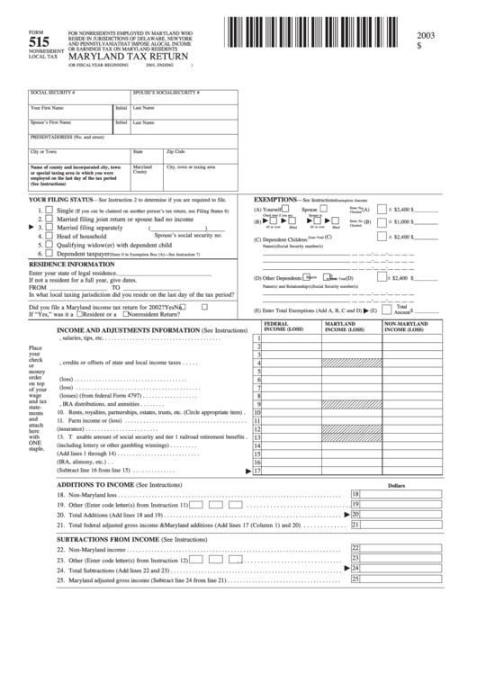 Fillable Form 515 - Maryland Tax Return - 2003 Printable pdf