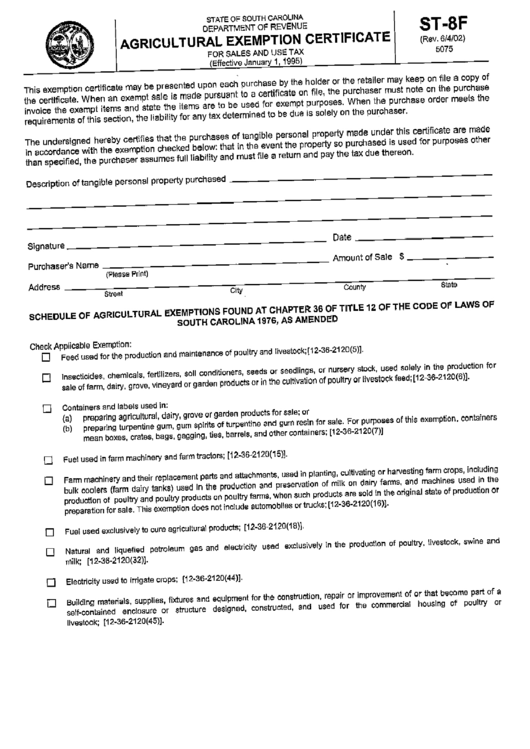 Form St-8f - Agricultural Exemption Certificate For Sales And Use Tax - 2002 Printable pdf