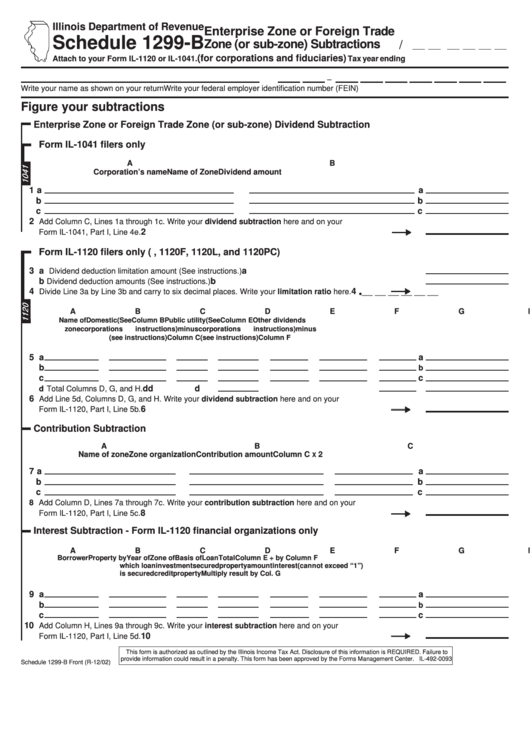 Schedule 1299-B - Enterprise Zone Or Foreign Trade Zone (Or Sub-Zone) Subtractions (For Corporations And Fiduciaries) Printable pdf