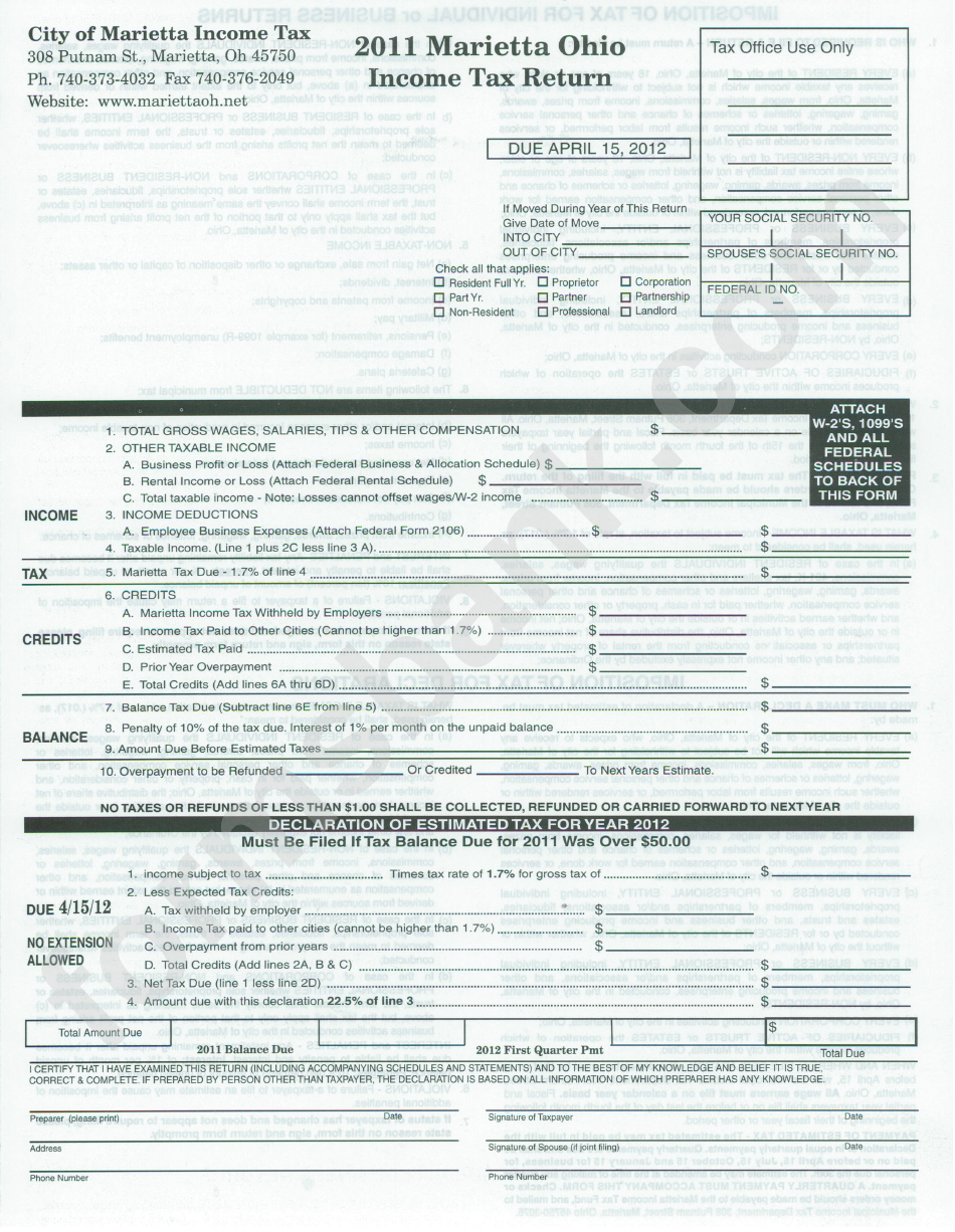 Marietta Ohio Income Tax Return Form - 2011