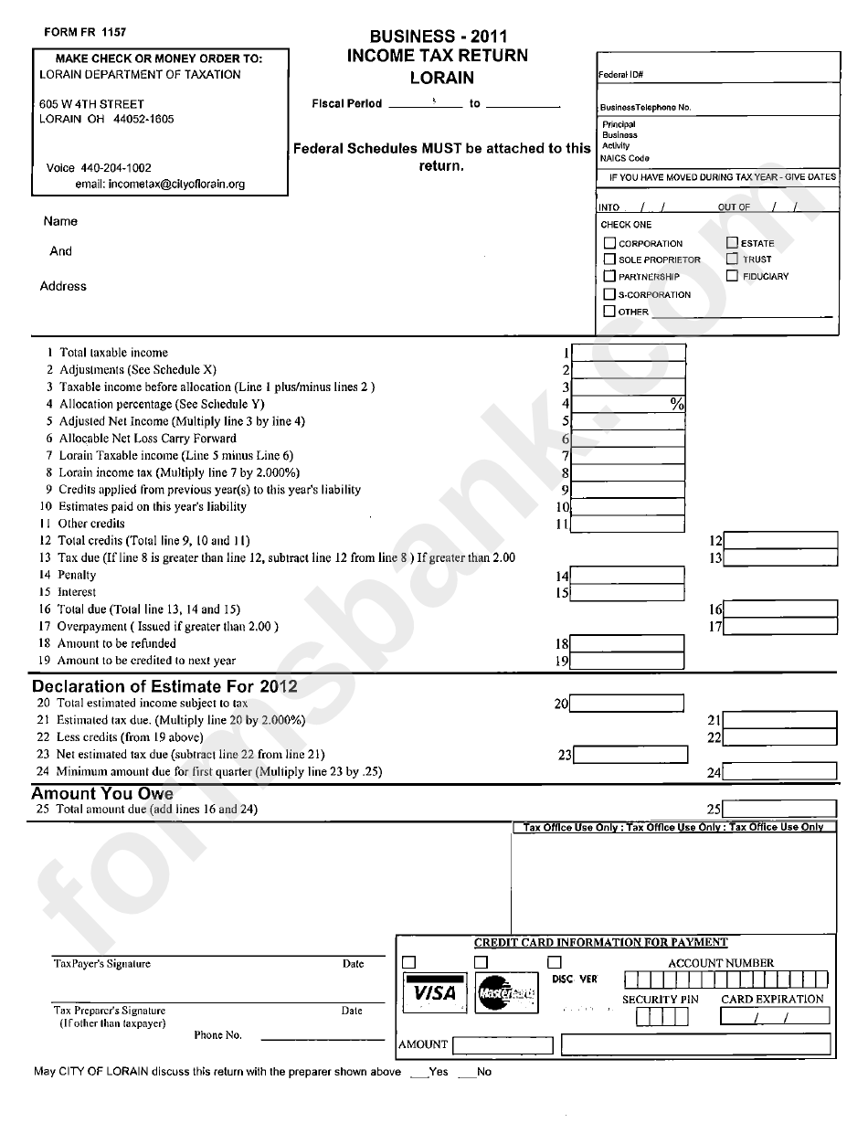 Form Fr 1157 - Business Income Tax Return Lorain - 2011