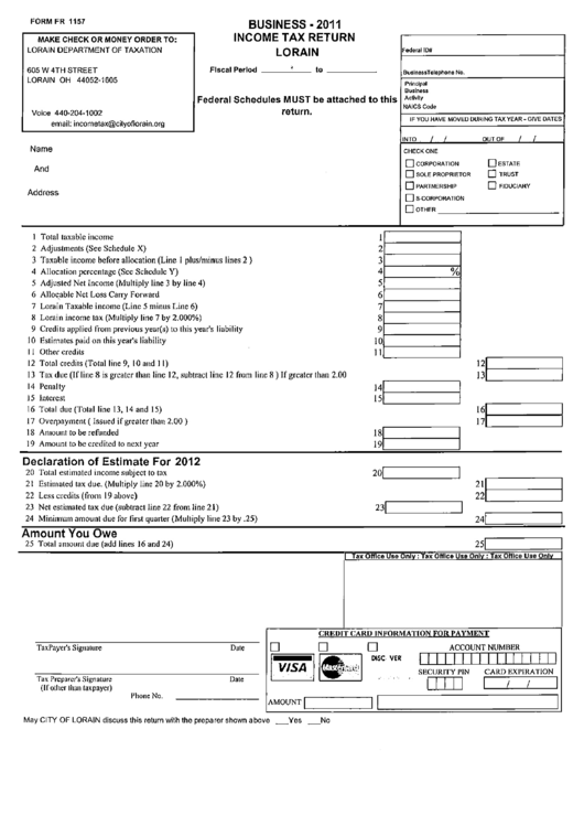 Form Fr 1157 - Business Income Tax Return Lorain - 2011 Printable pdf