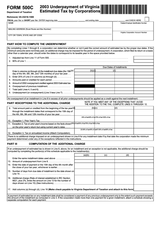 Form 500c - Underpayment Of Virginia Estimated Tax By Corporations ...