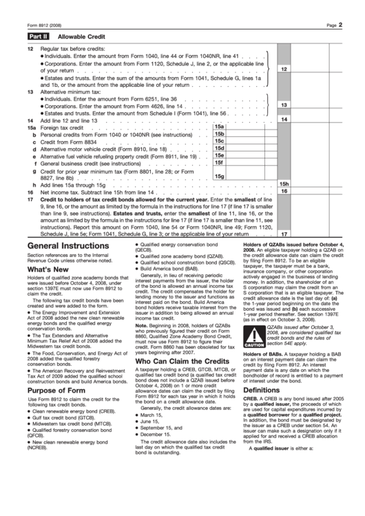 Instructions For Form 8912 - Credit To Holders Of Tax Credit Bonds ...