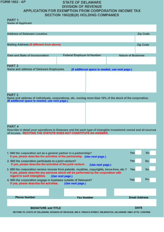 Fillable Form 1902-Ap - Application For Exemption From Corporation Income Tax Section 1902(B)(8) Holding Companies Printable pdf