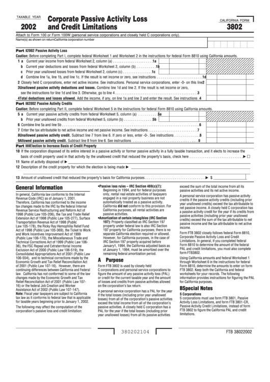 California Form 3802 - Corporate Passive Activity Loss And Credit Limitations - 2002 Printable pdf