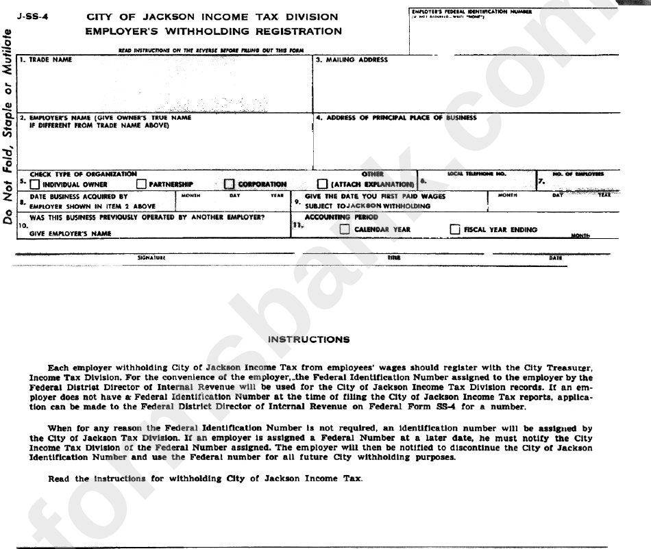 Form Jss4 - City Of Jackson Income Tax Division Employer