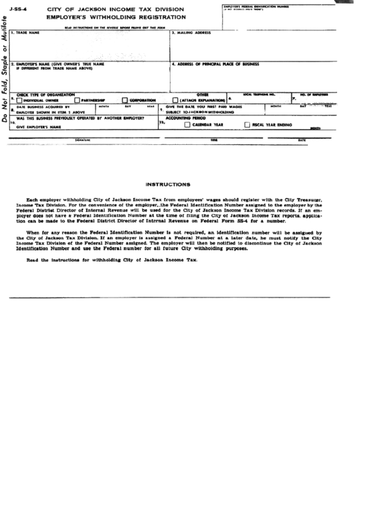Form Jss4 - City Of Jackson Income Tax Division Employer