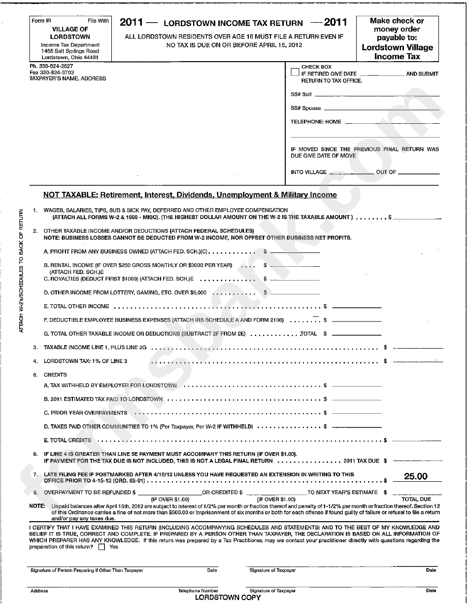 Form Ir - Lordstown Income Tax Return - 2011