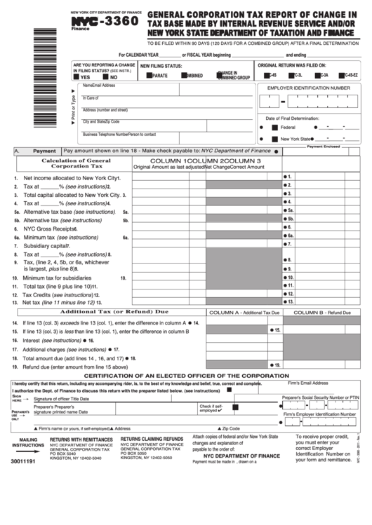 Form Nyc-3360 - General Corporation Tax Report Of Change In Tax Base Made By Internal Revenue Service And/or New York State Department Of Taxation And Finance Printable pdf