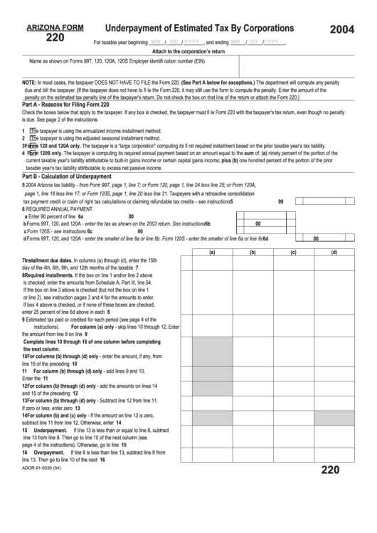 Arizona Form 220 - Underpayment Of Estimated Tax By Corporations - 2004 Printable pdf