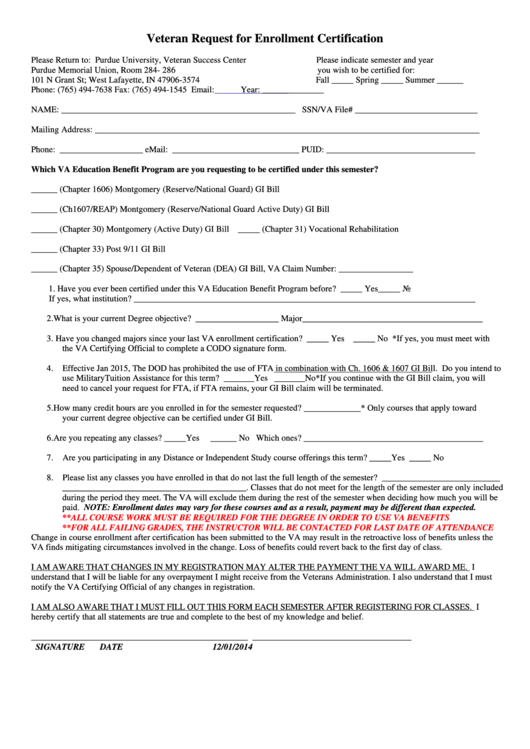 Veteran Request For Enrollment Certification Form - 2014 Printable pdf