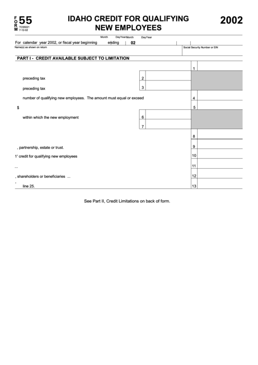Form 55 Tc55011 - Idaho Credit For Qualifying New Employees - 2002 Printable pdf