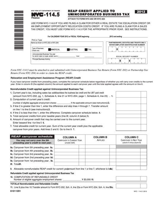 Form Nyc-114.5 - Reap Credit Applied To Unincorporated Business Tax - 2012 Printable pdf