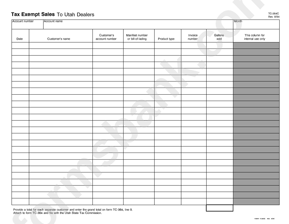 Form 364c - Tax Exempt Sales To Utah Dealers - 1994