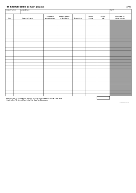 Fillable Form 364c - Tax Exempt Sales To Utah Dealers - 1994 Printable pdf