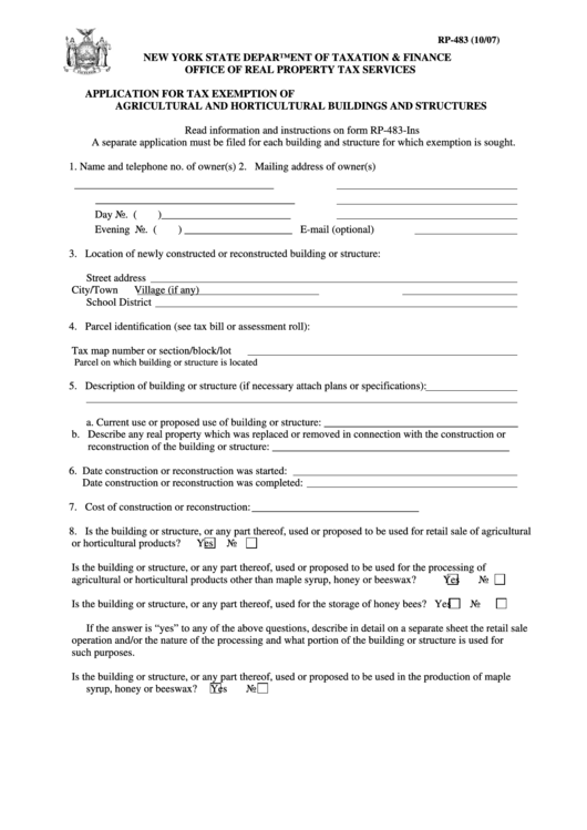 Fillable Form Rp-483 - Application For Tax Exemption Of Agricultural And Horticultural Buildings And Structures Printable pdf